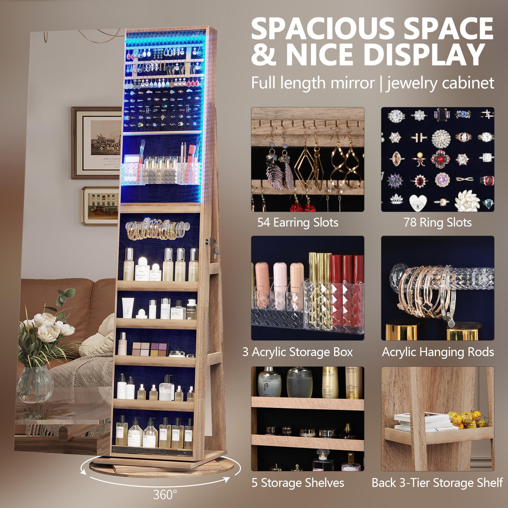 360° Rotating Full Length Mirror Jewelry Cabinet with LED Lighting