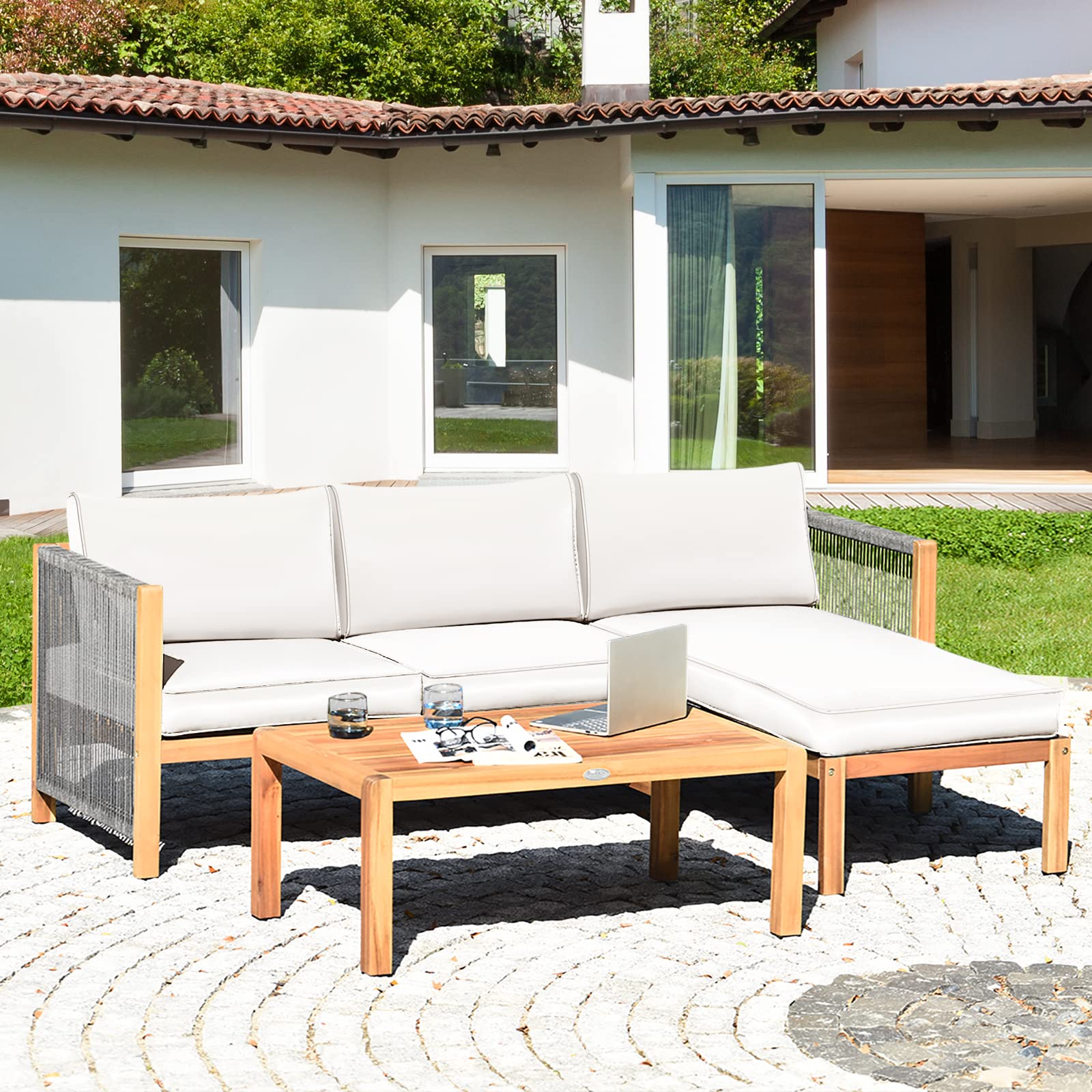 L-Shape Outdoor Furniture Set - 3 Piece Acacia Wood Patio Conversation Set