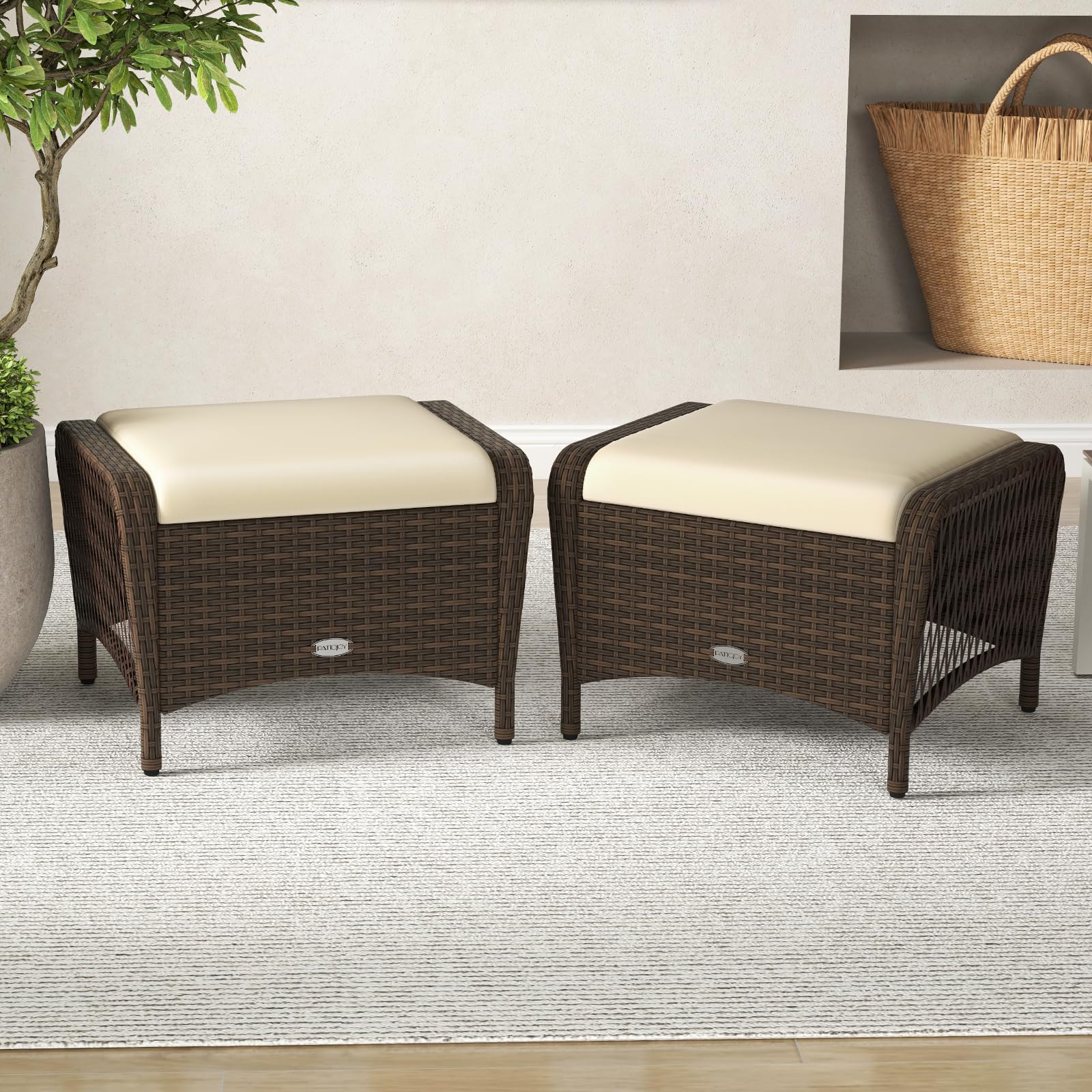 2-Piece Wicker Outdoor Ottoman Set with Removable Cushions