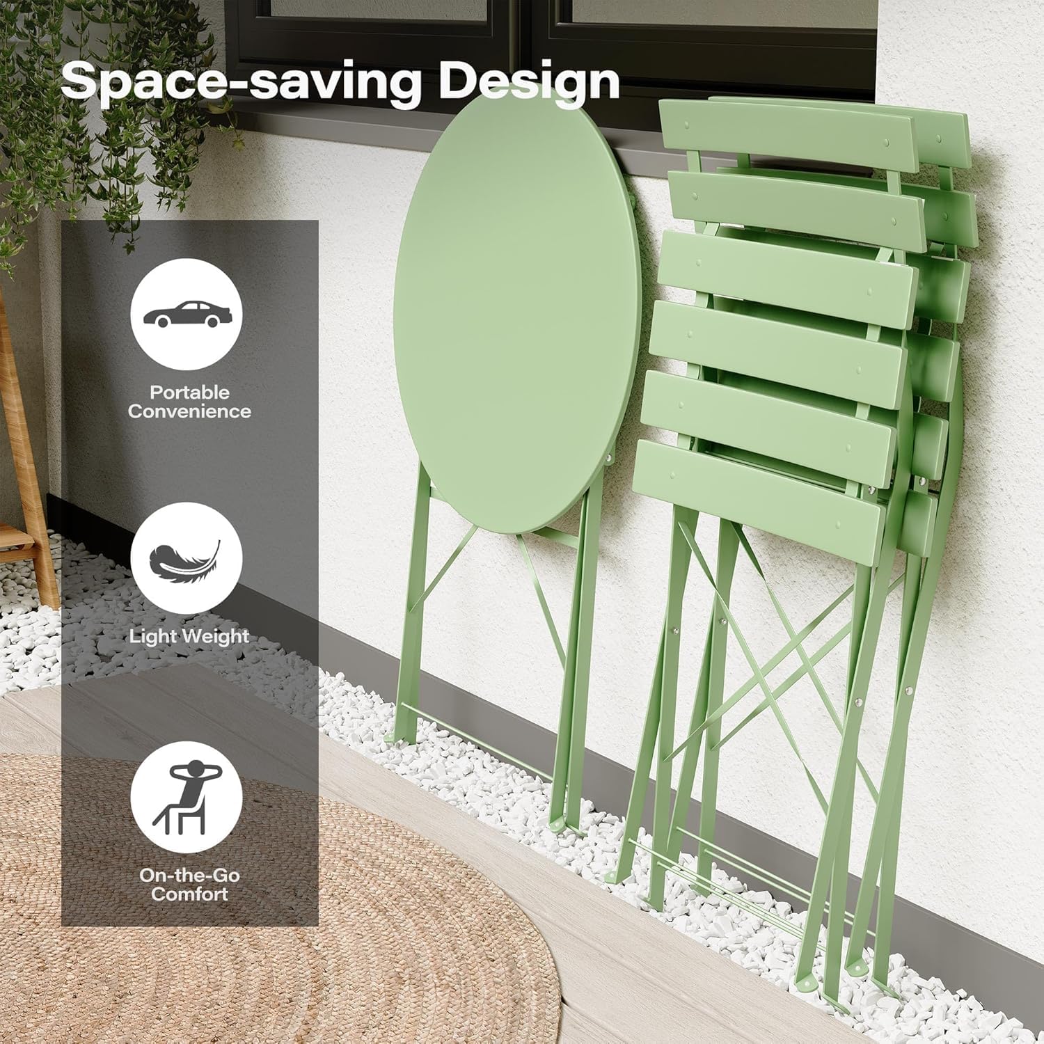 LAUSAINT HOME 3-Piece Steel Folding Bistro Set, Premium Weather-Resistant Patio Table & 2 Chairs for Balcony, Garden, Yard, Poolside & Indoor (Square, Green)