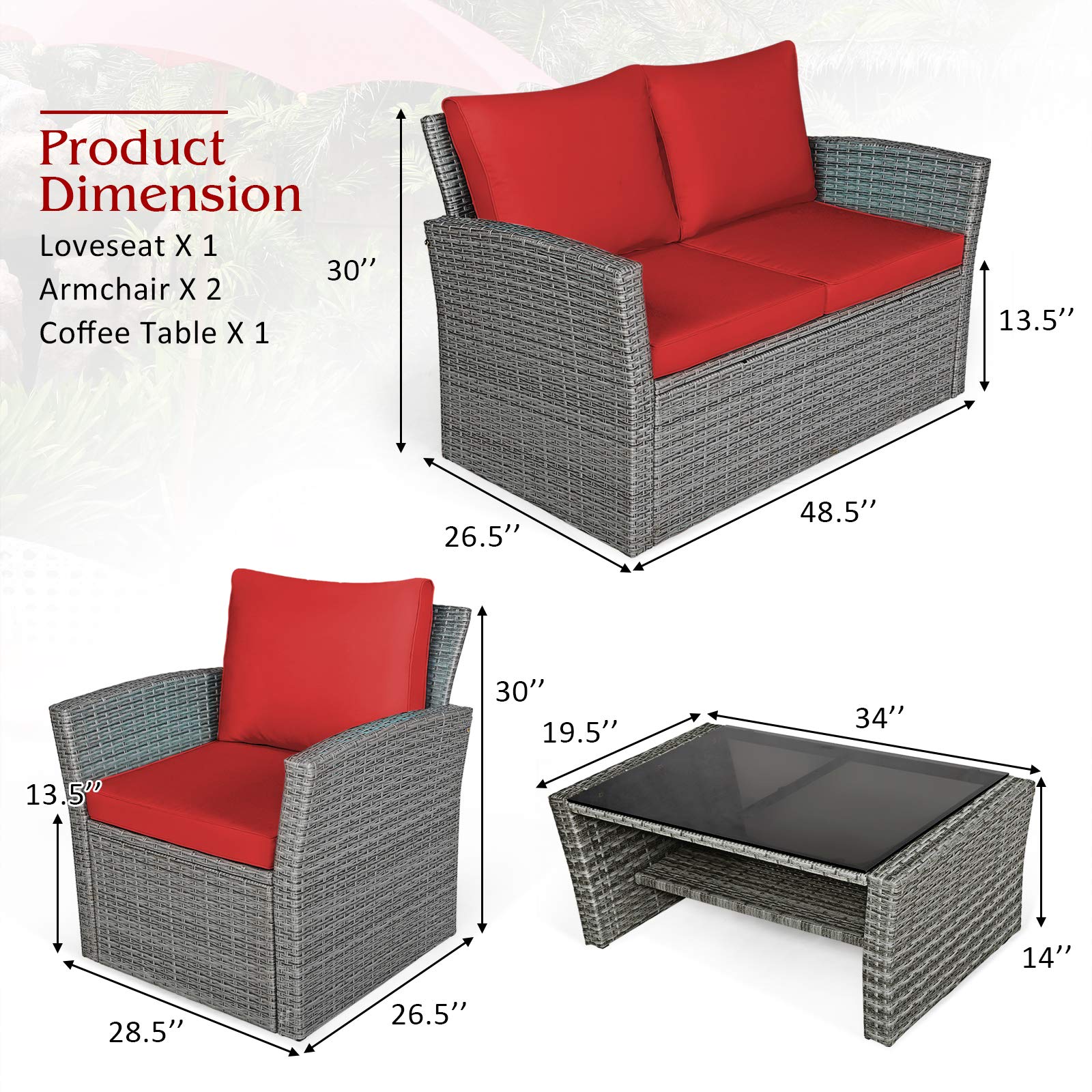 4-Piece Patio Rattan Furniture Set with Glass Coffee Table