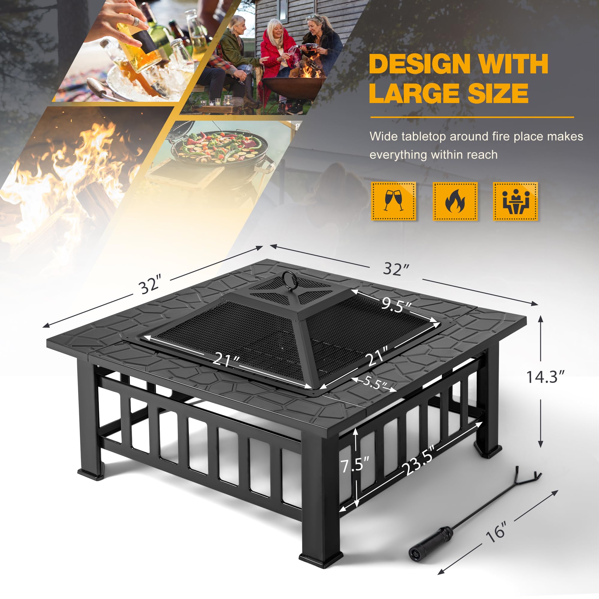 32 Inch Square Fire Pit Table