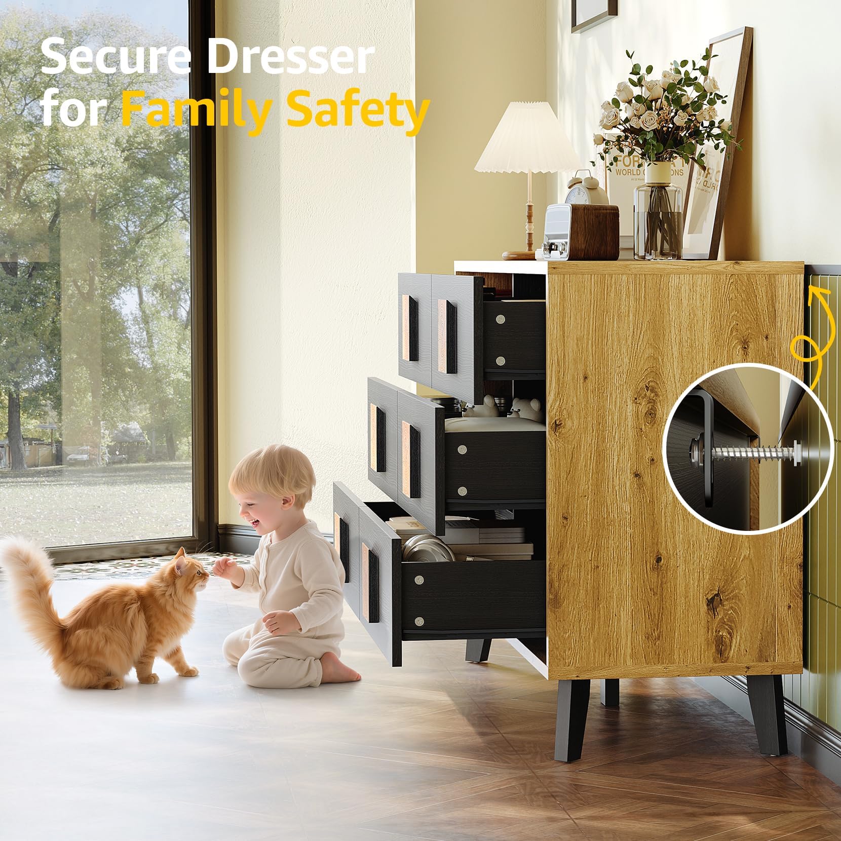 6 Drawer Wood Dresser with Natural Grain - 47 Inch TV Stand Storage Organizer