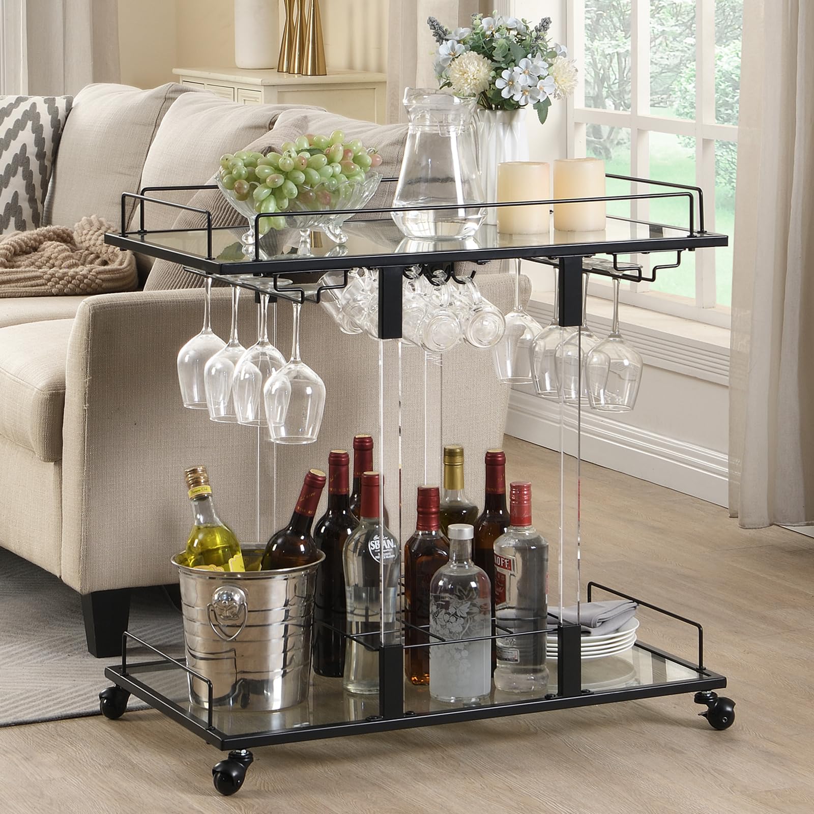 2-Tier Acrylic Rolling Bar Cart with Wine Rack