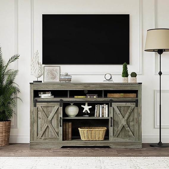 Farmhouse TV Stand with Sliding Barn Door for TVs up to 65 Inch
