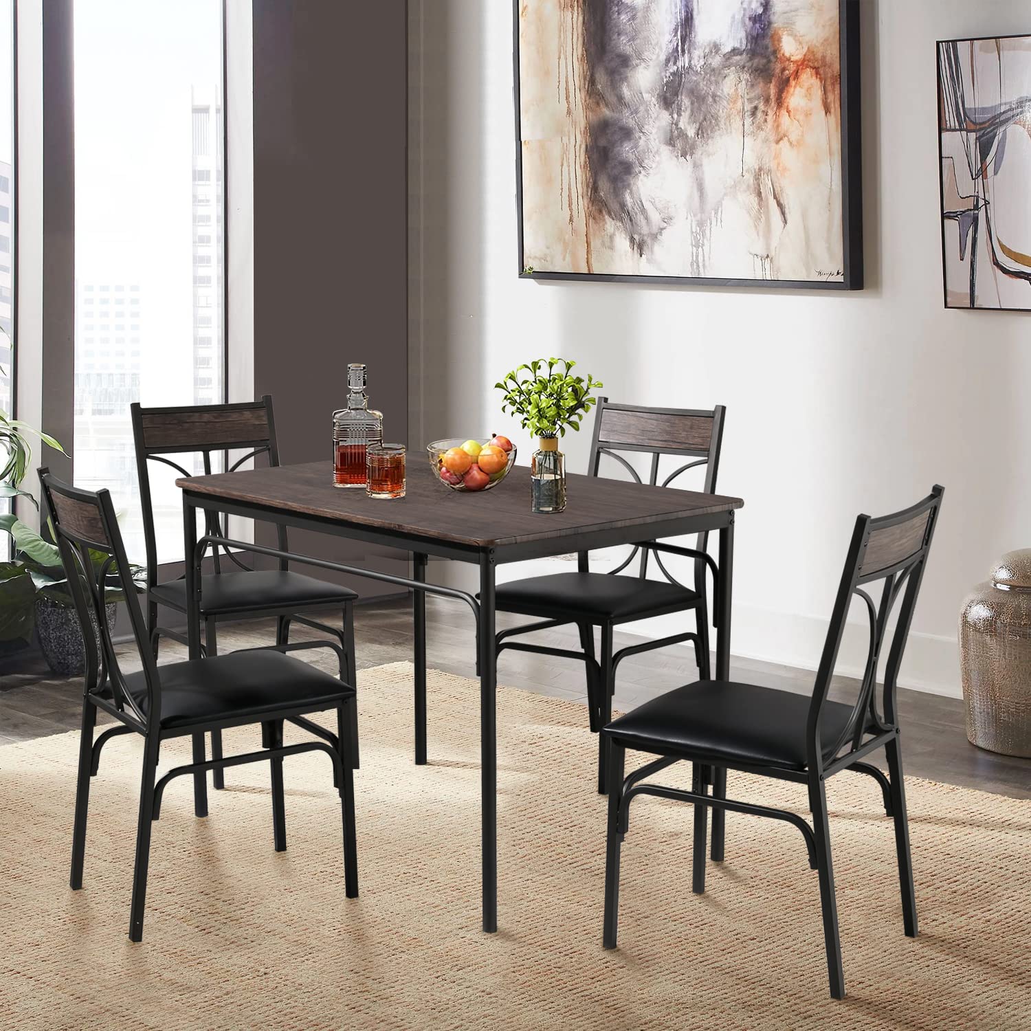 5 Piece Industrial Dining Table Set with 4 Chairs