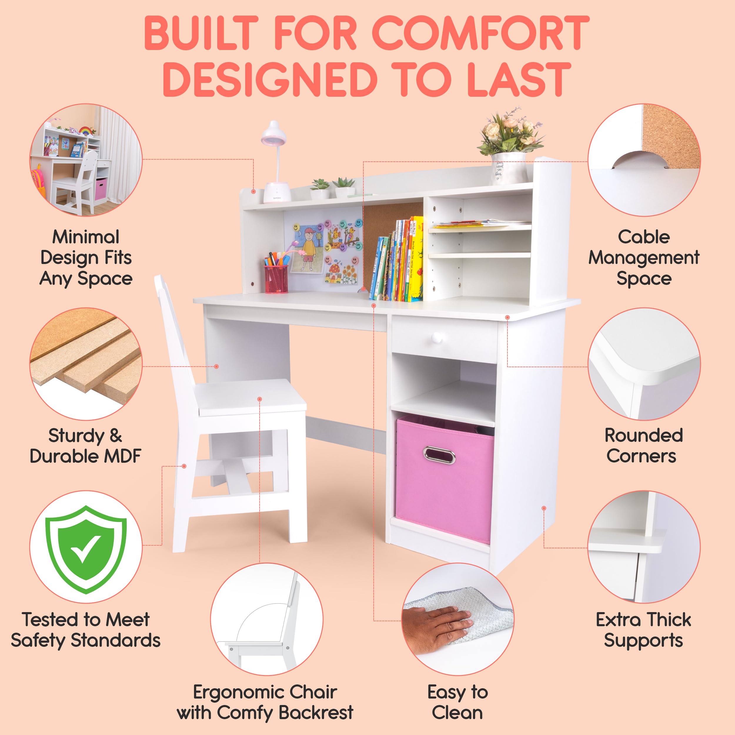 Kids Study Desk with Chair Set — Wooden Child Desk with Hutch & Storage Cabinet