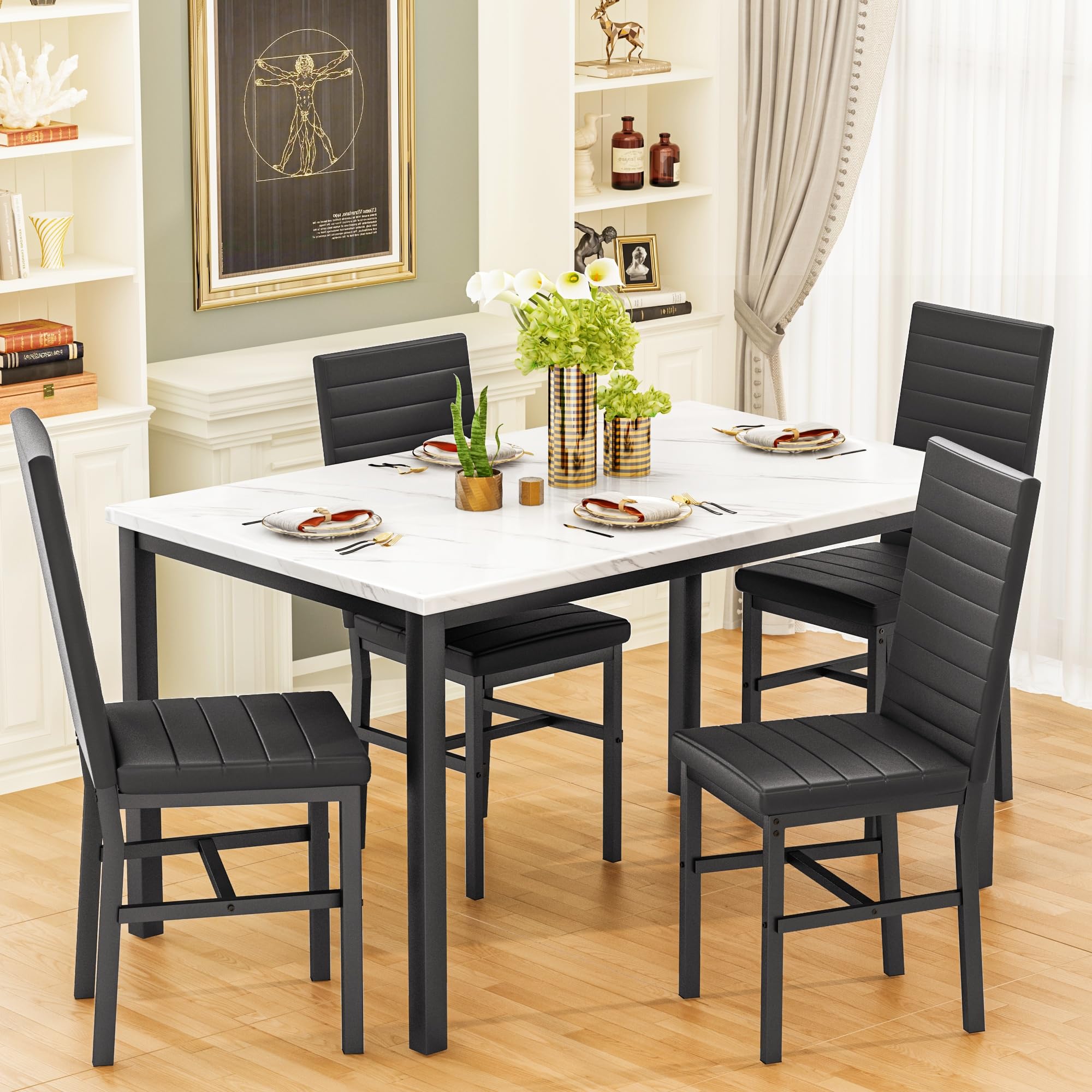 Recaceik 5-Piece Small Dining Table Set for 4, Modern Faux Marble Kitchen Table with 4 Upholstered PU Leather Chairs, Dining Room Table Set for Dinette, Breakfast Nook & Small Spaces, Black