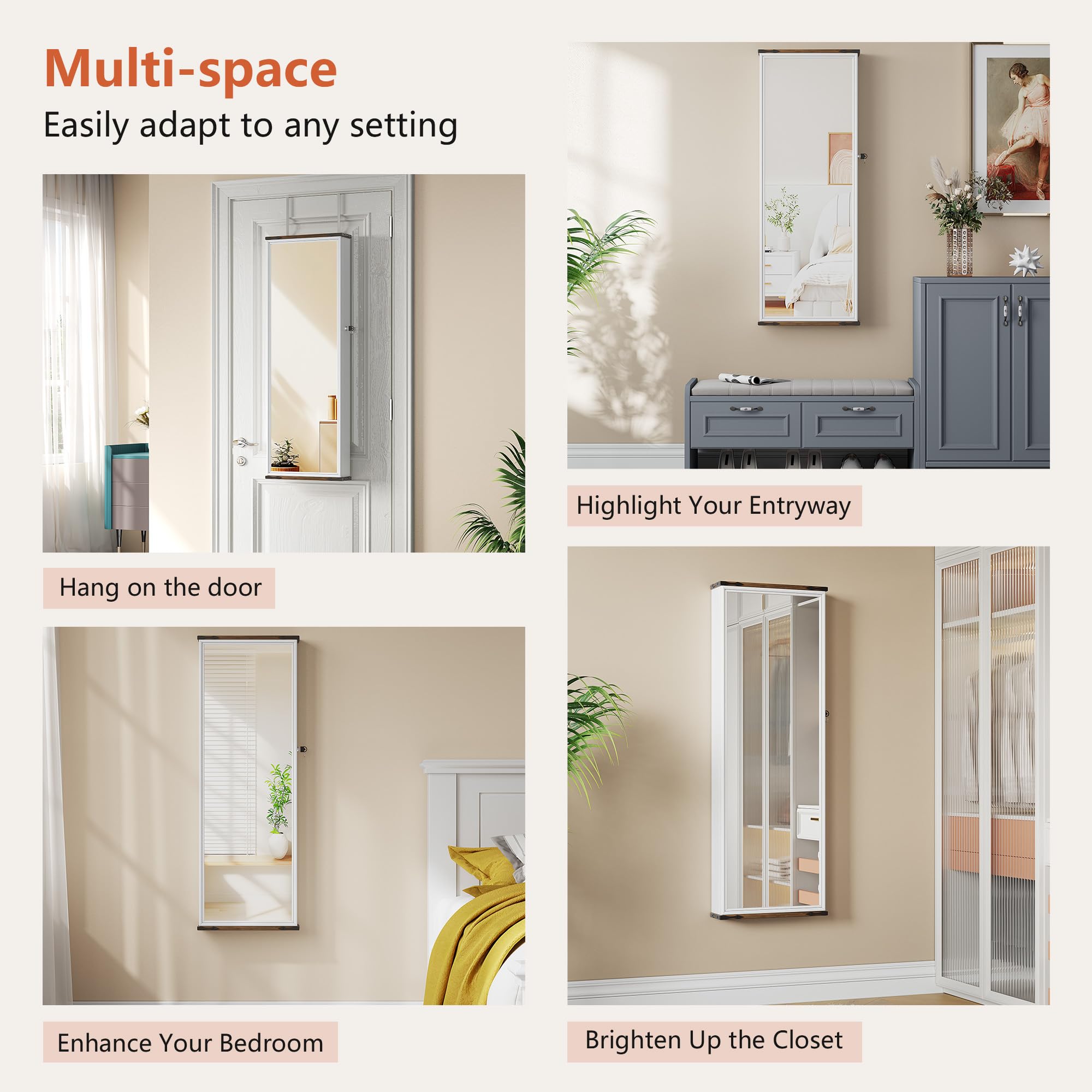 Over the Door Jewelry Organizer Mirror with LED Lights and Lock