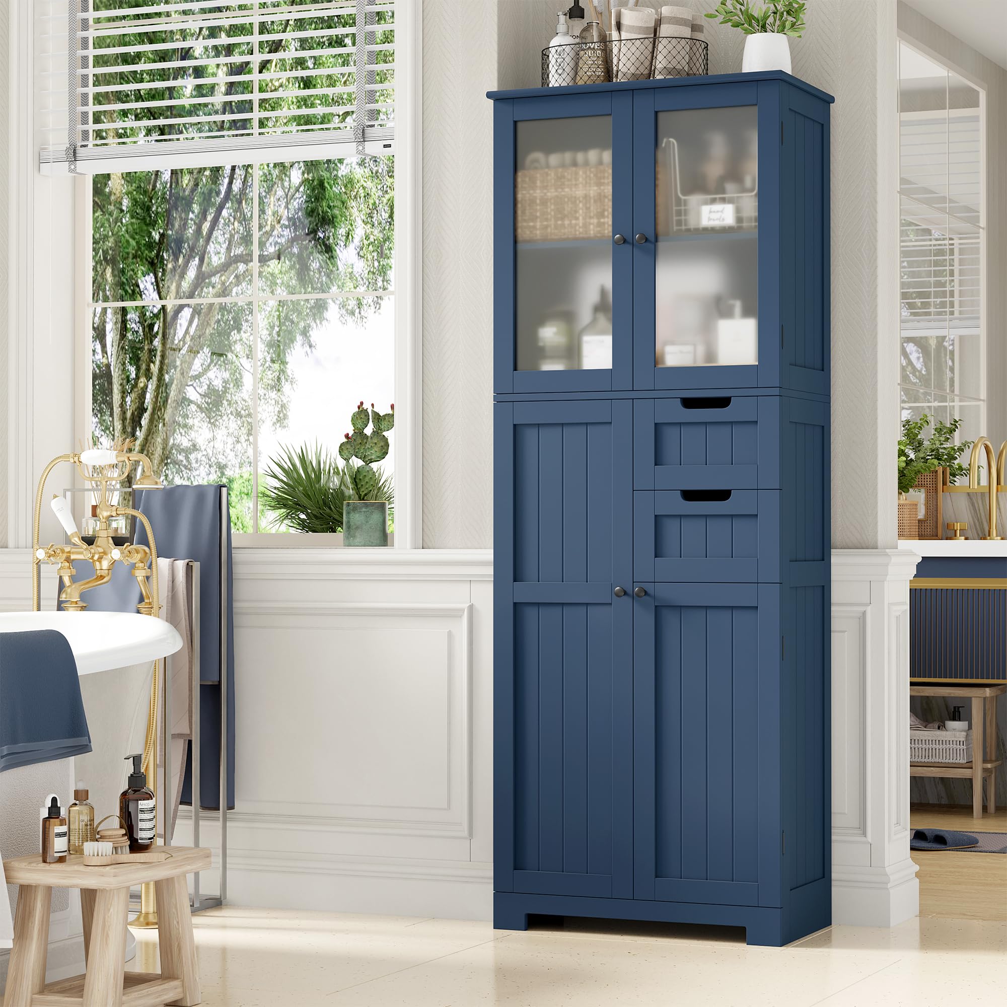Tall Bathroom Storage Cabinet with Glass Doors