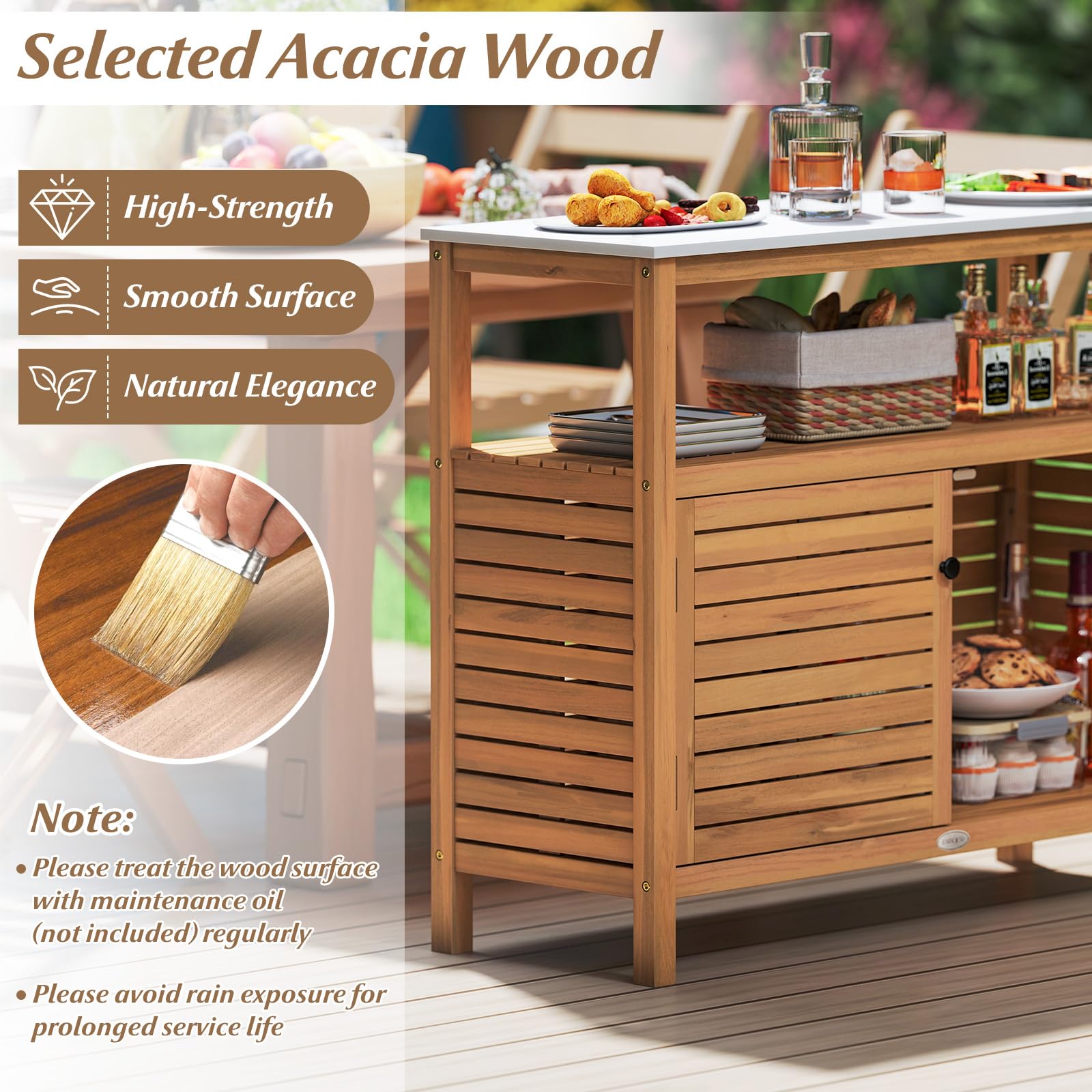 Acacia Wood Patio Storage Cabinet with Marble-Like Countertop