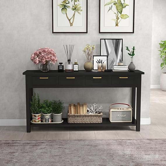 Console Table with 4 Drawers and Shelf - 60 Inch Long Entryway Hall Table