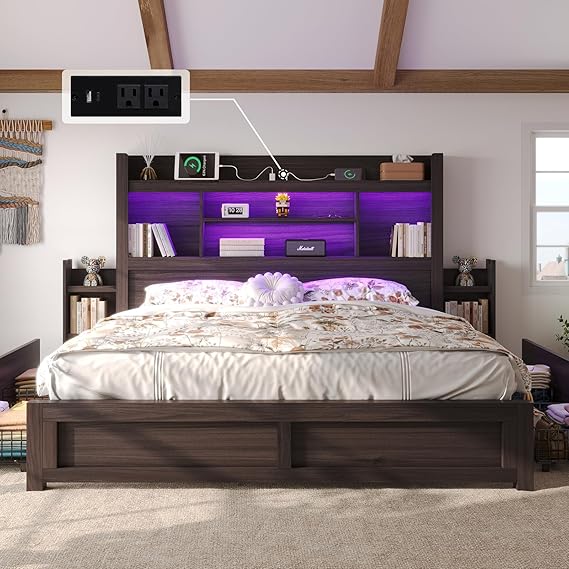 King Bed Frame with Bookcase Headboard and Storage Drawers