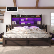 King Bed Frame with Bookcase Headboard and Storage Drawers