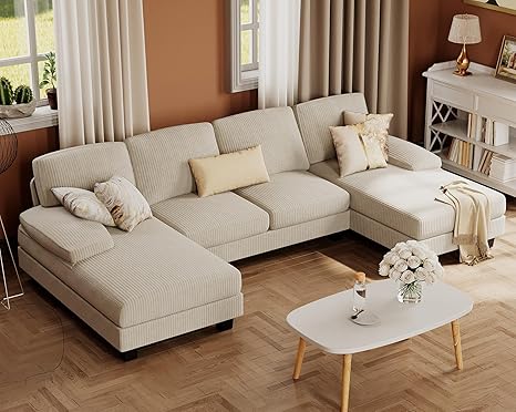 U-Shaped Sectional Sofa with Linen Fabric and Double Chaise