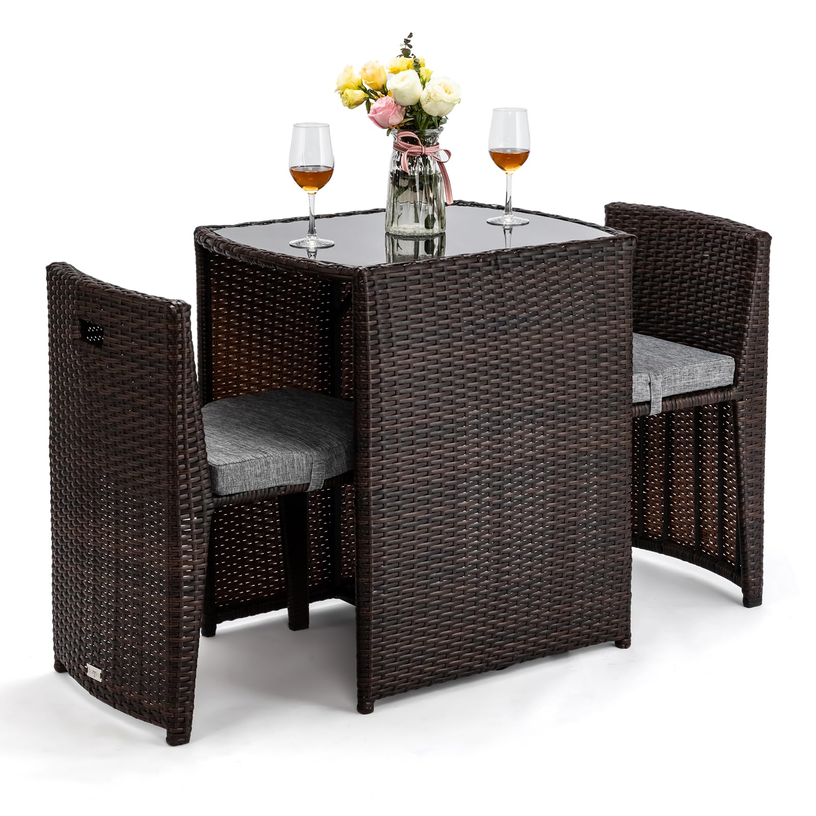 3 Piece Wicker Outdoor Patio Bistro Set with Glass Top Table