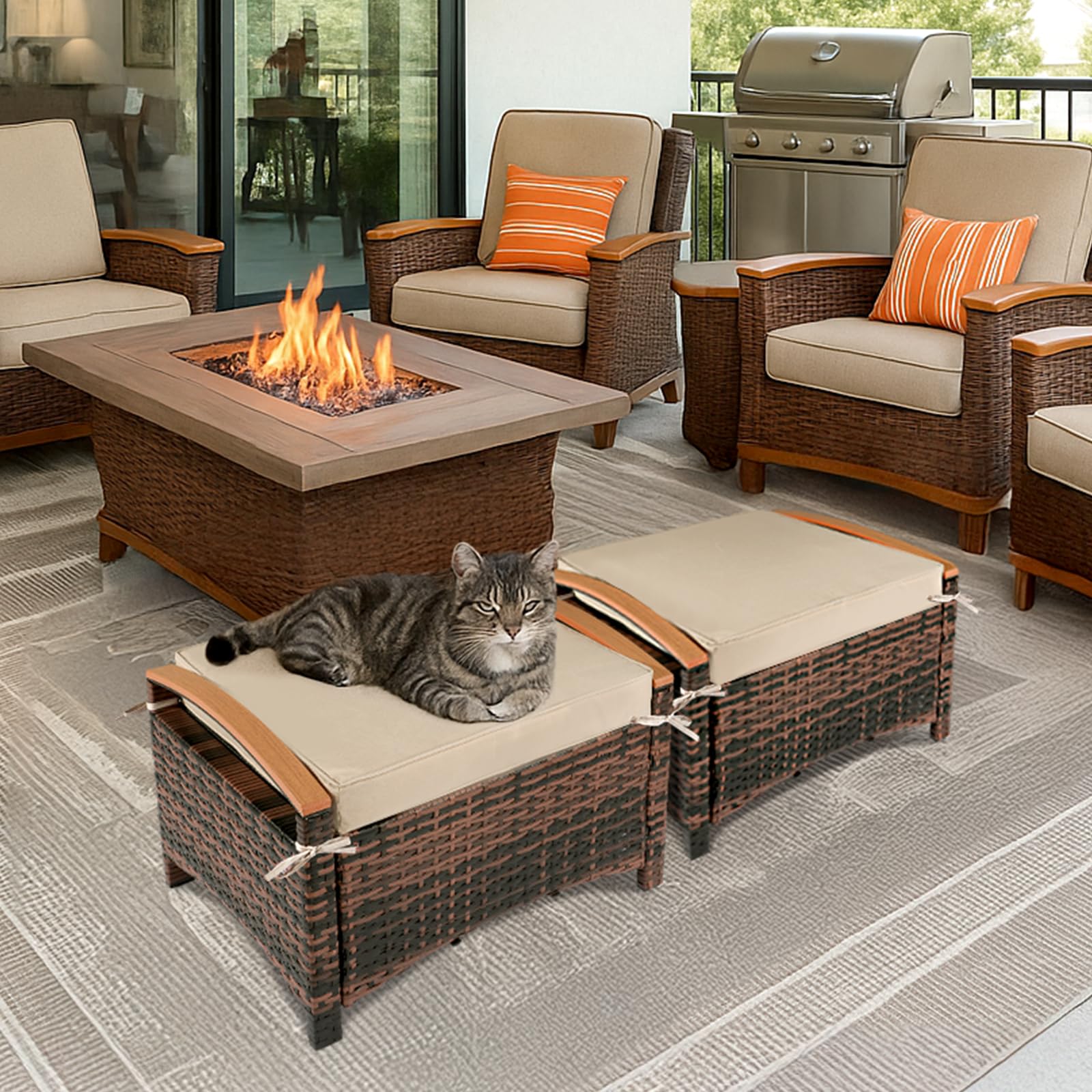 Wicker Outdoor Ottoman Set with Removable Cushions
