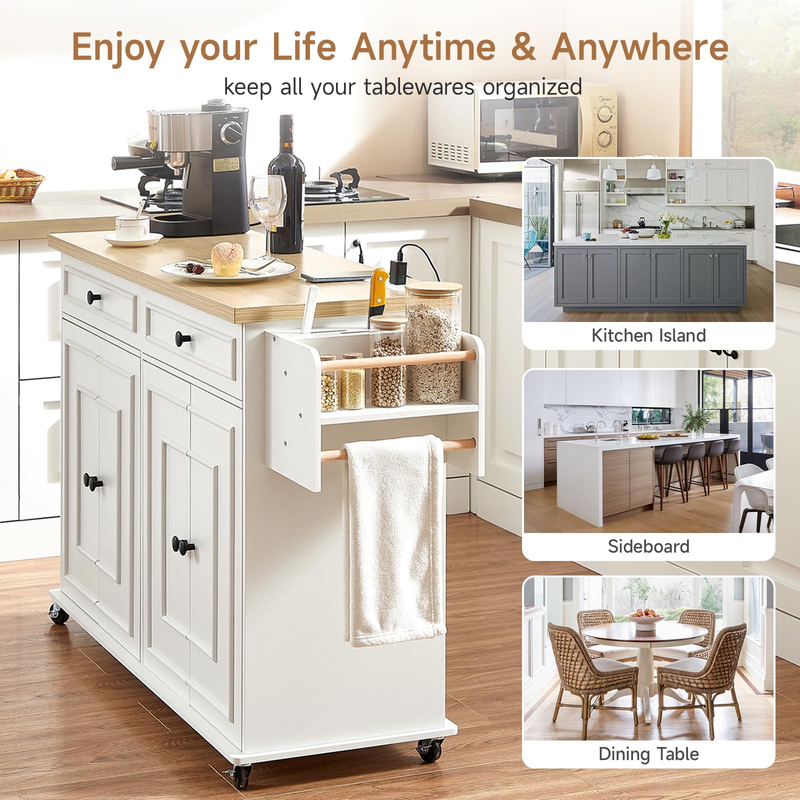 58" Mobile Kitchen Island Cart with Power Outlet