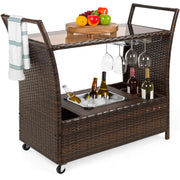Outdoor Rolling Wicker Bar Cart with Glass Top