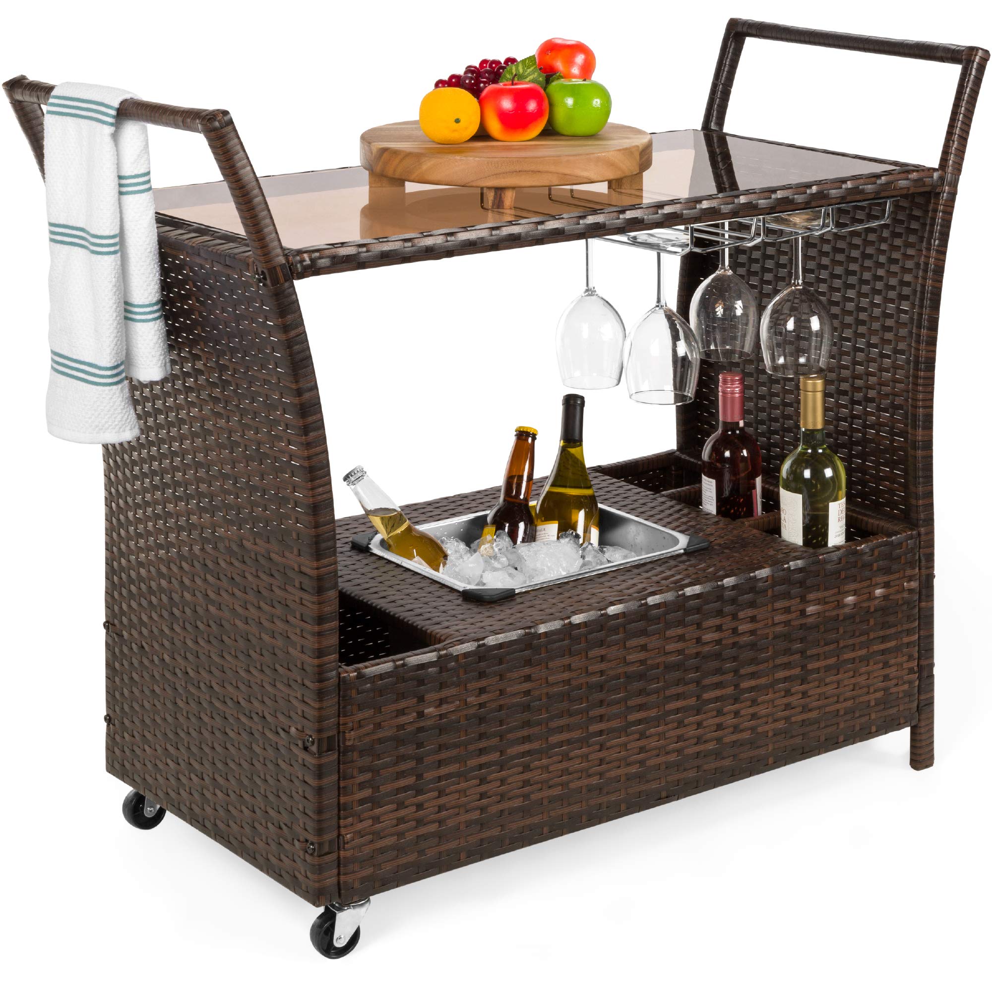 Outdoor Rolling Wicker Bar Cart with Glass Top