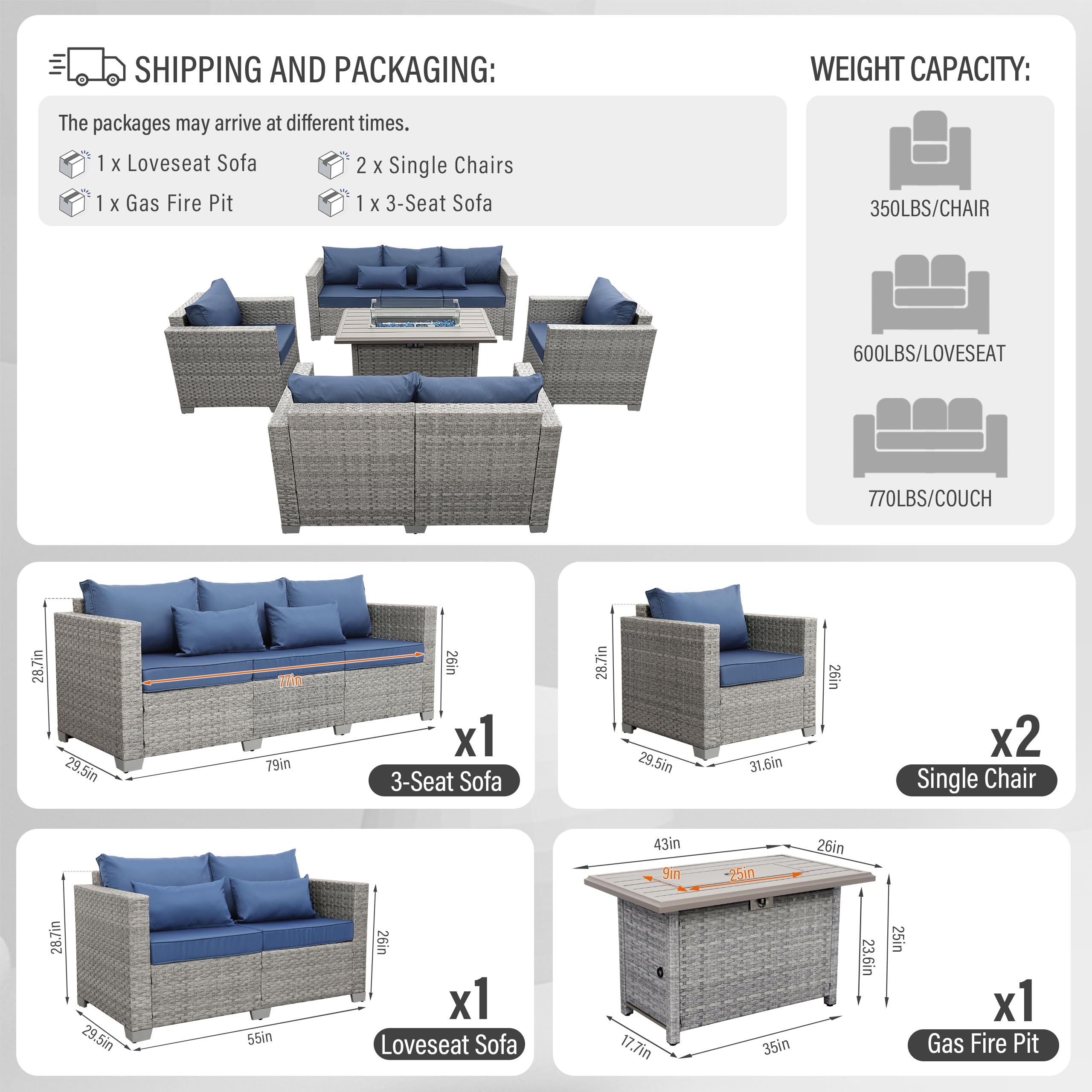 5-Piece Outdoor Sectional Sofa Set with Fire Pit Table