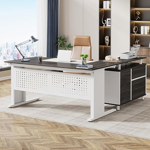 63 Inch L-Shaped Executive Desk with File Cabinet and Storage Shelves