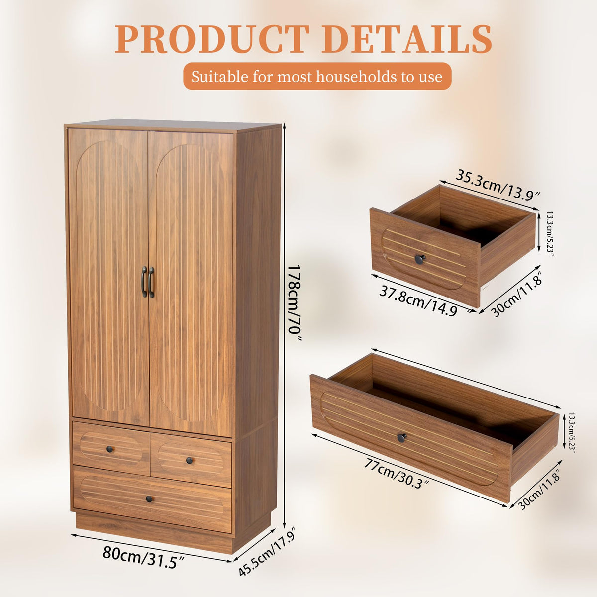 Armoire Wardrobe Closet with Doors and 3 Drawers - Walnut