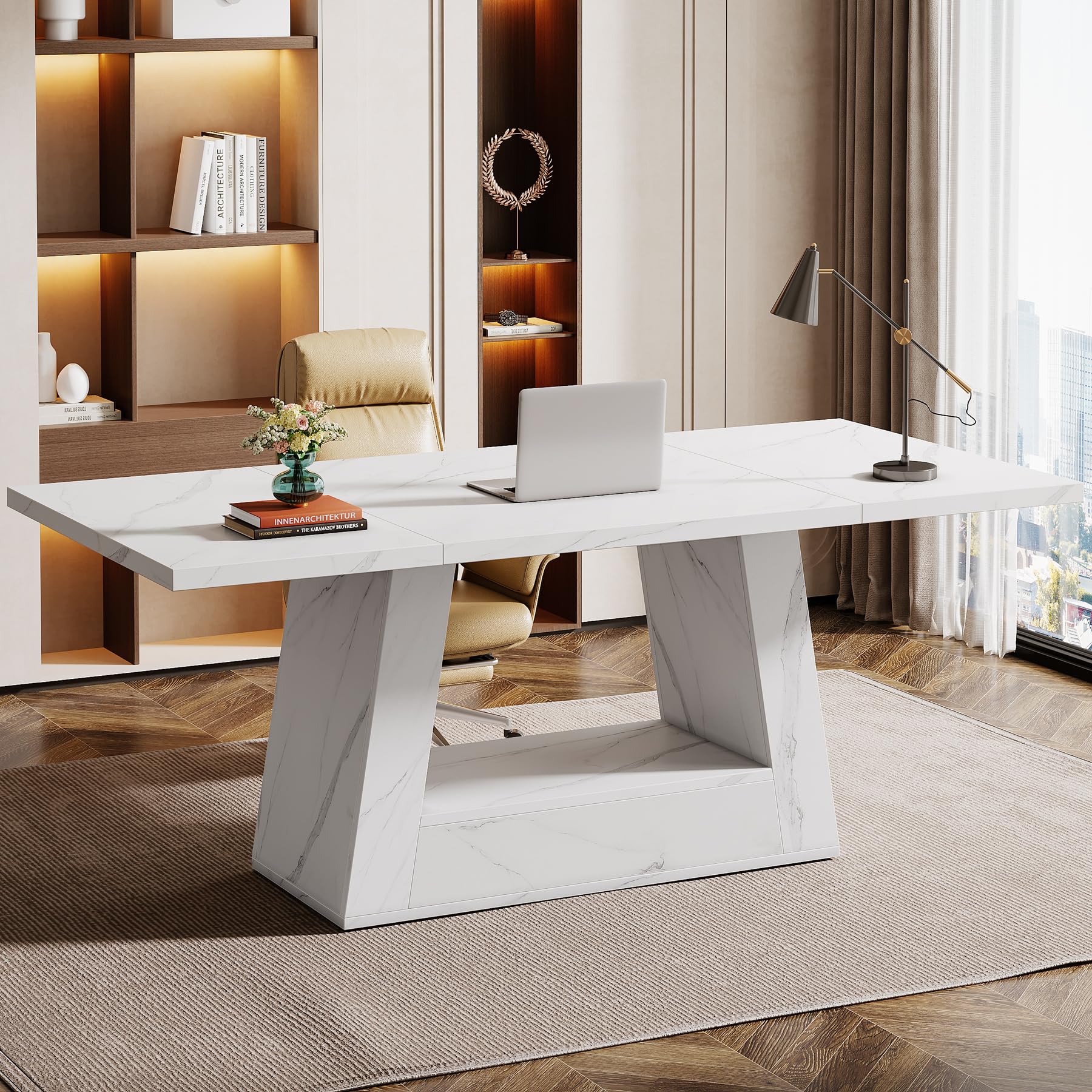 63-Inch Modern Computer Desk with Faux Marble Top