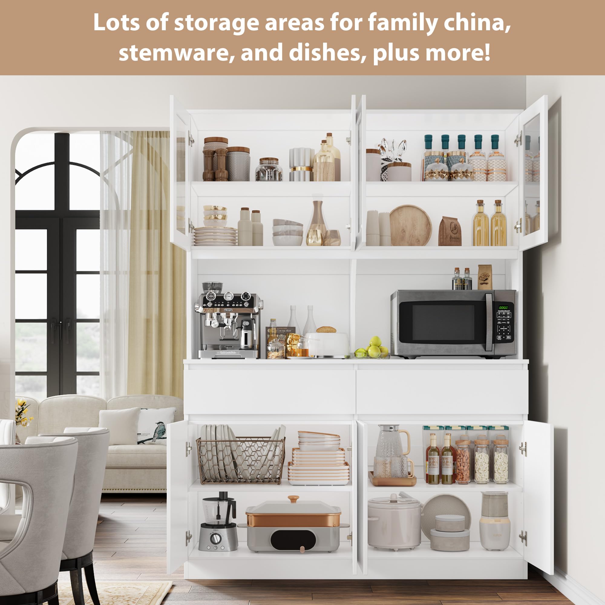 Kitchen Pantry Storage Cabinet with Glass Doors