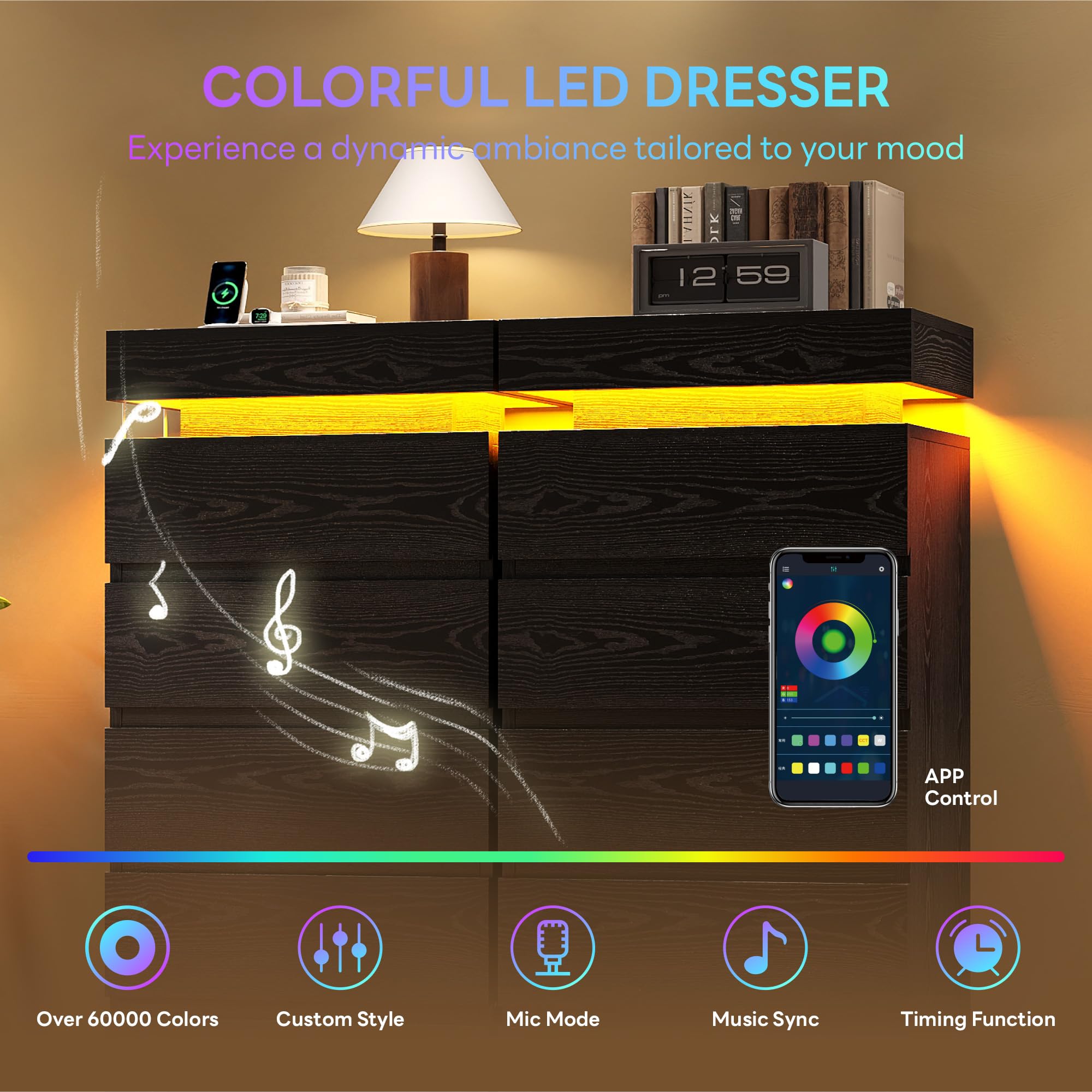 54" Tall 5 Drawer Dresser with LED Light and Power Outlet
