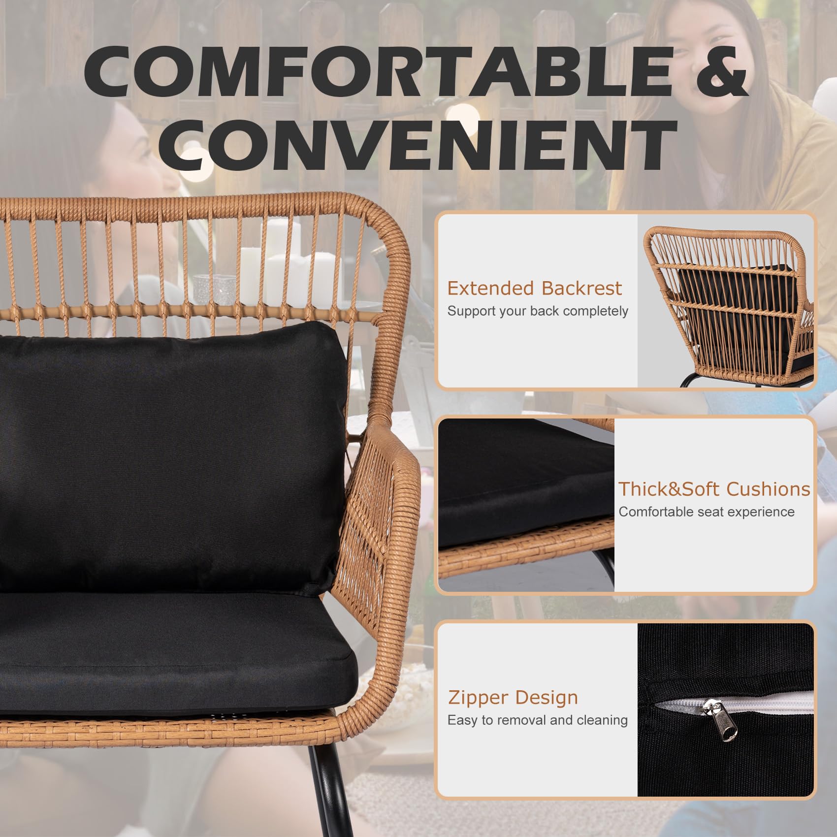 3 Piece Outdoor Wicker Bistro Set with Cushions