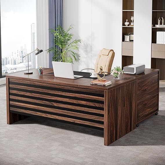 62.2" L-Shaped Executive Desk with Mobile File Cabinet