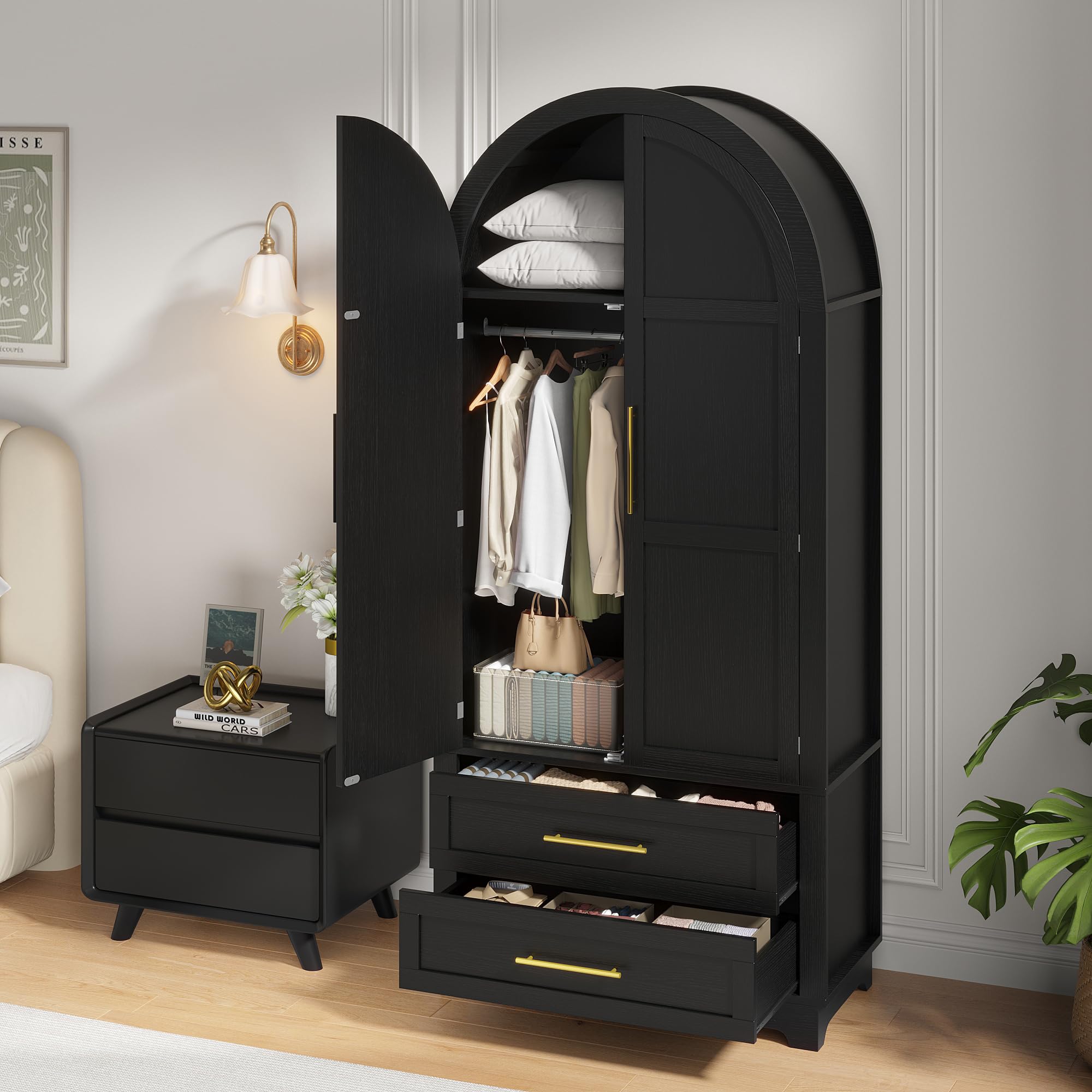 Modern Wardrobe Closet with 2 Drawers and Arched Doors
