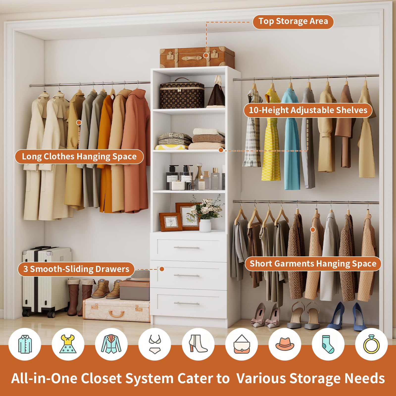 96-Inch Closet Organizer System with Drawers and Adjustable Shelves