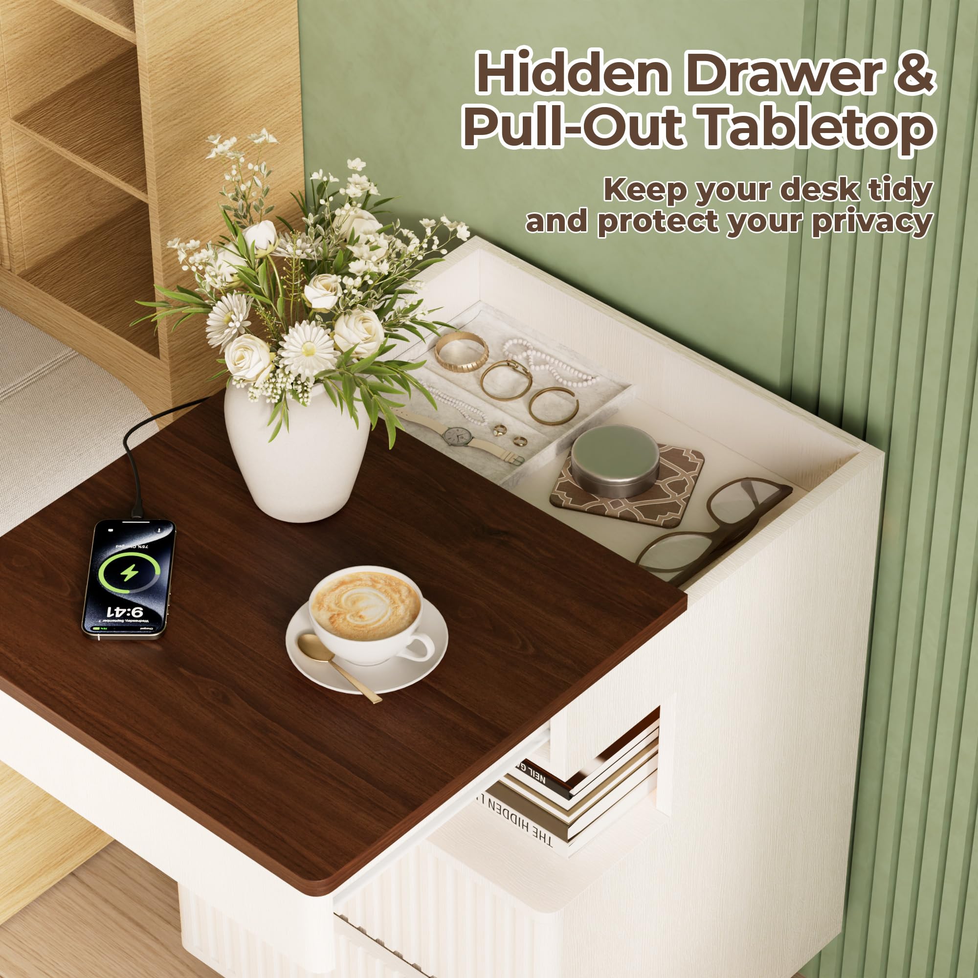 Tall Fluted Nightstand with Charging Station and LED Light