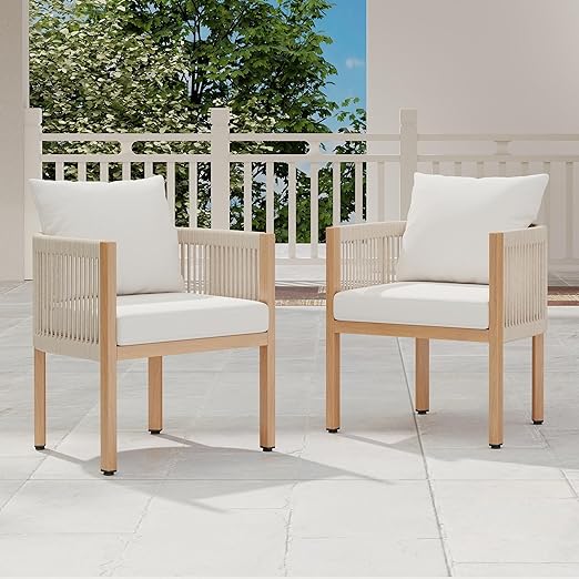 DAYARUS Patio Dining Chairs Set of 6, Rope Rattan Patio Furniture Set, All Weather Outdoor Dining Chairs with Cushions, Metal Barrel Dining Room Chair, Modern Kitchen Chair for Balcony/Porch, Beige