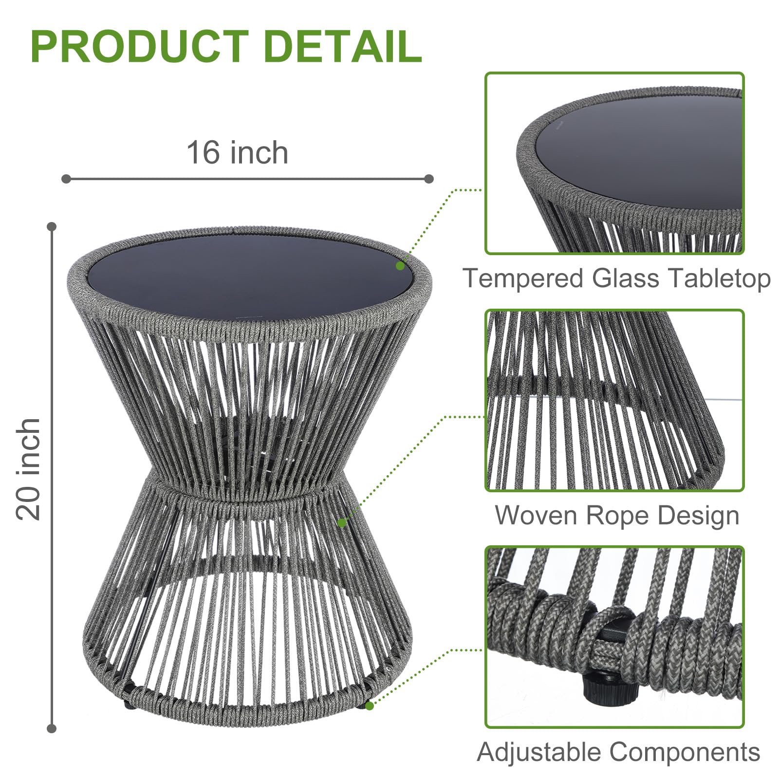 Woven Rope Outdoor Side Table with Glass Top