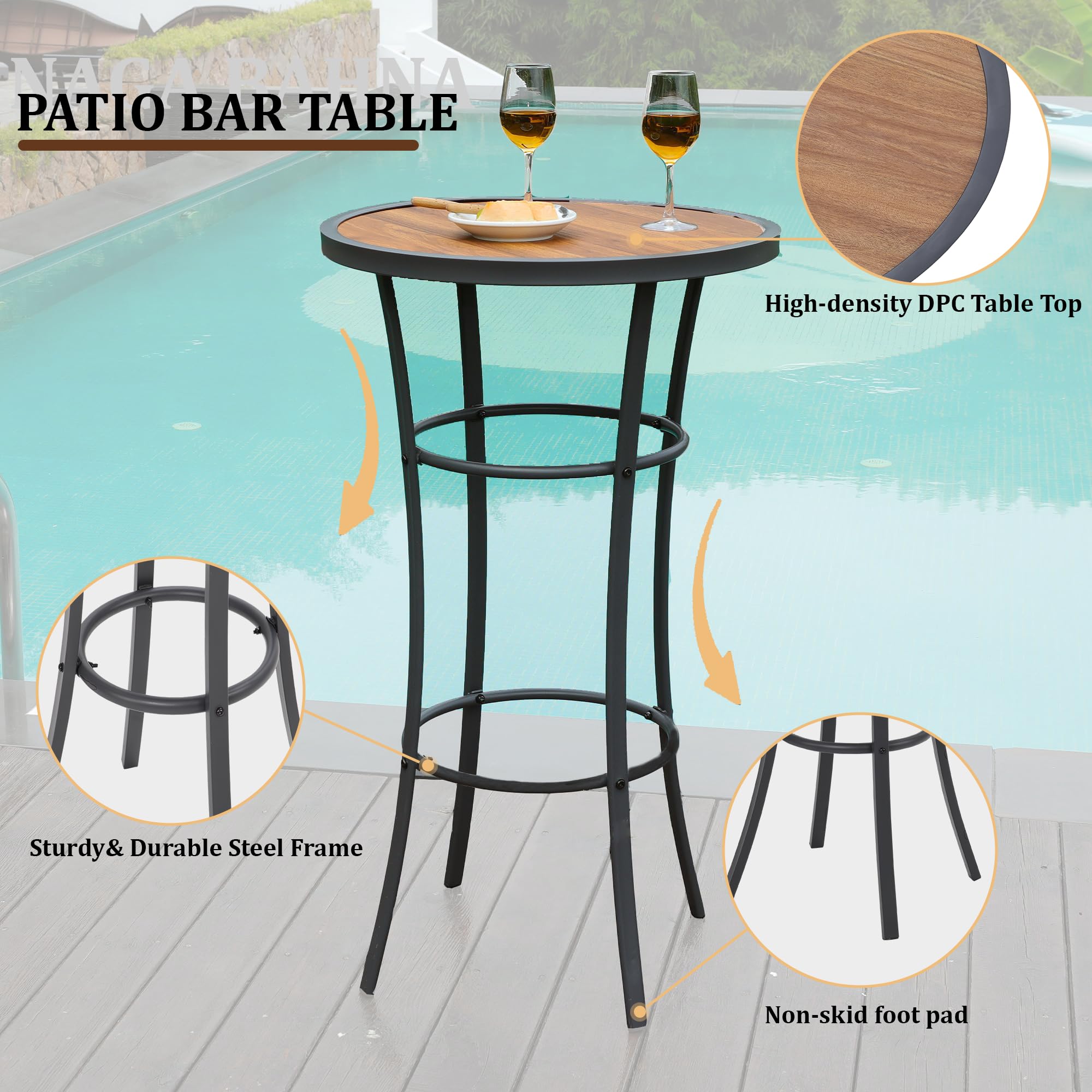 Round Bar Height Patio Table with Wood-Like Top