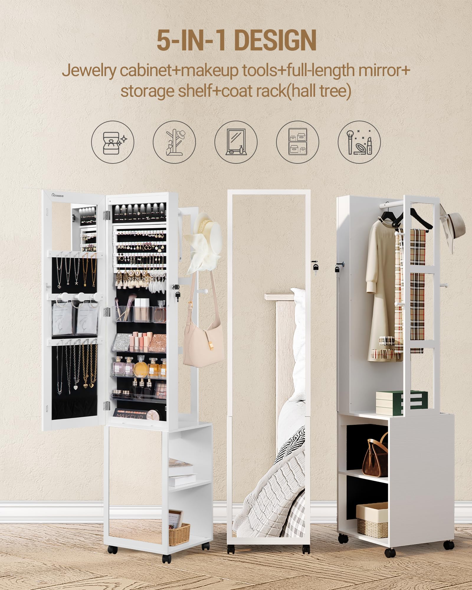 8 LED Jewelry Cabinet Armoire with Full-Length Mirror