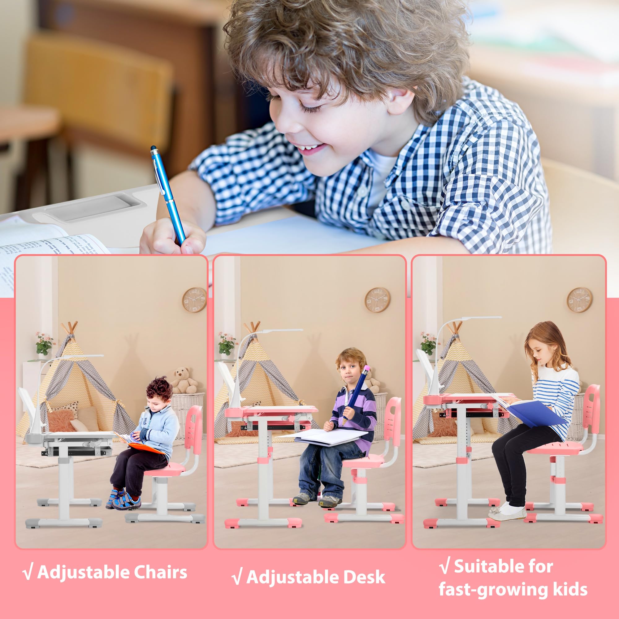 Height Adjustable Kids Desk and Chair Set with LED Light