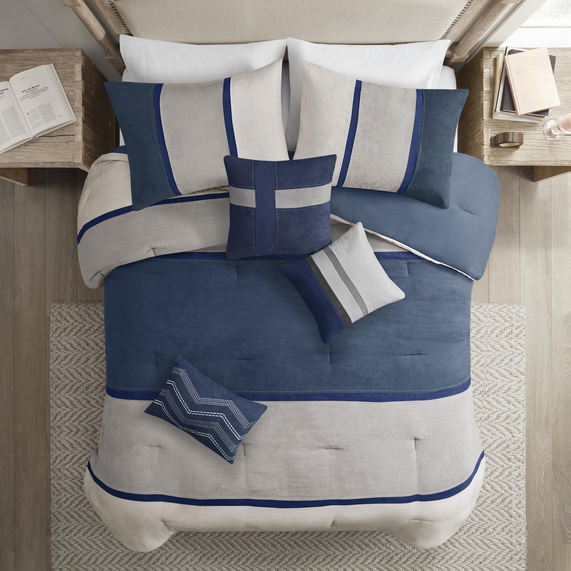 King Micro-Suede Comforter Set - Blue 7 Piece