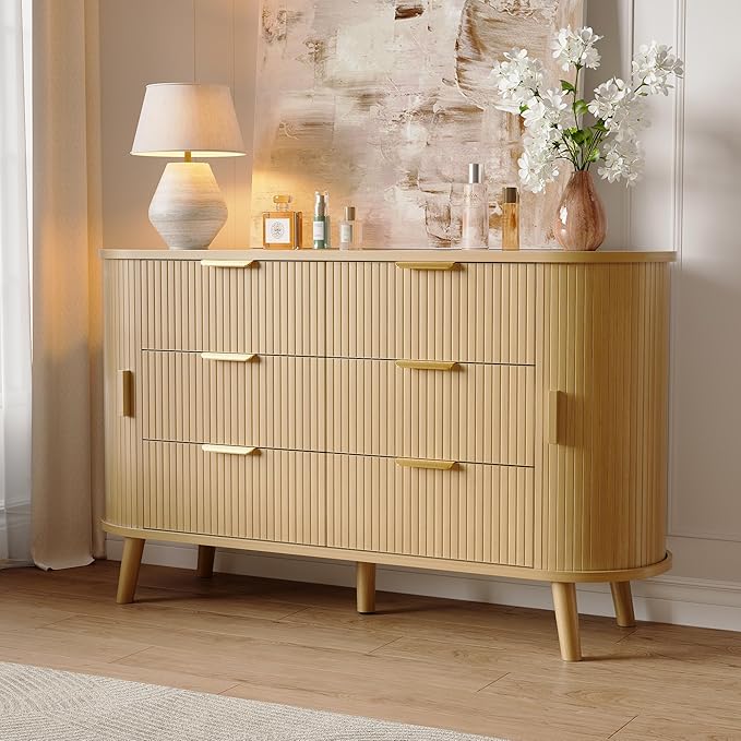 Fluted 6-Drawer Dresser with Sliding Door - 55 Inch Wide Mid-Century Modern