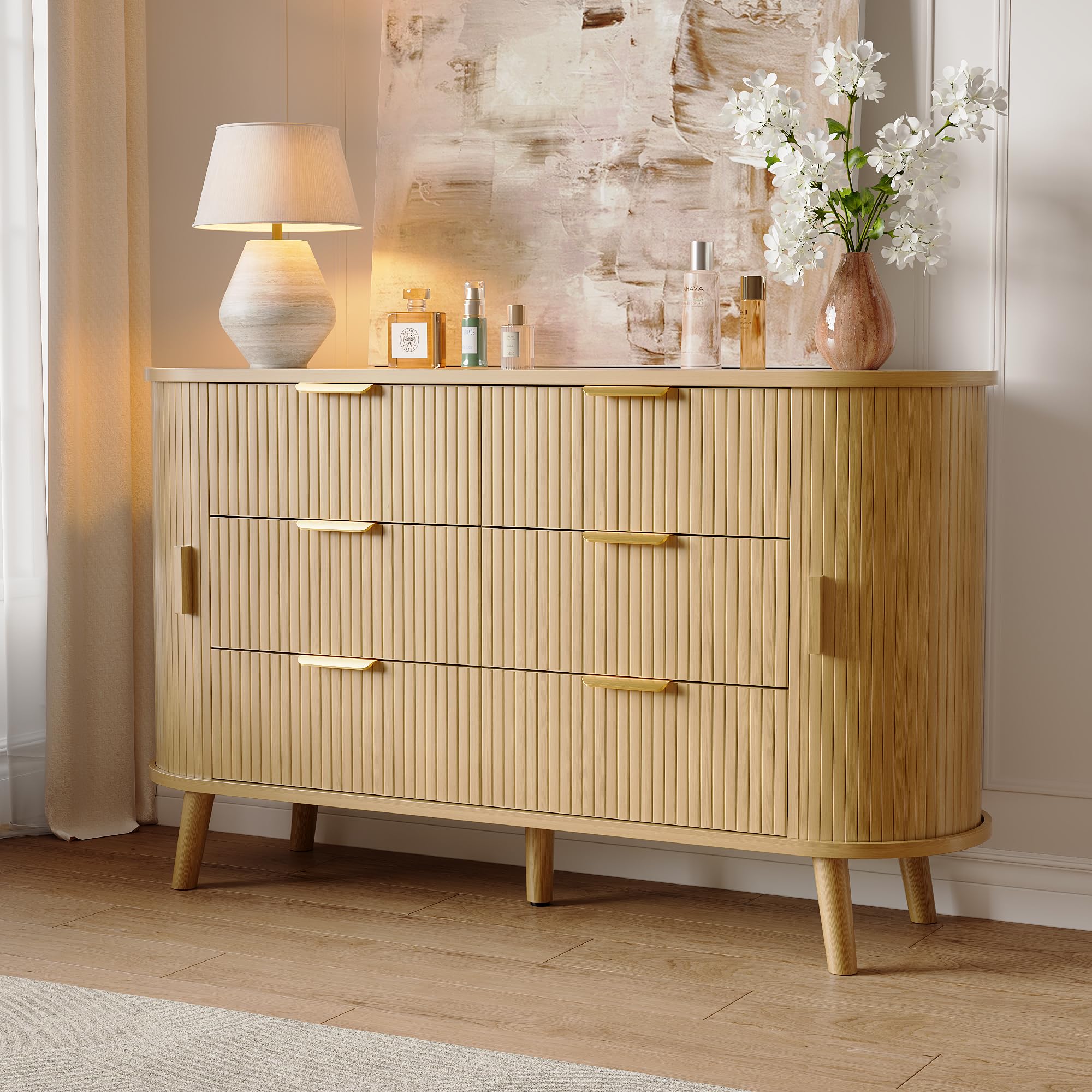 Fluted 6-Drawer Dresser with Sliding Door - 55 Inch Wide Mid-Century Modern