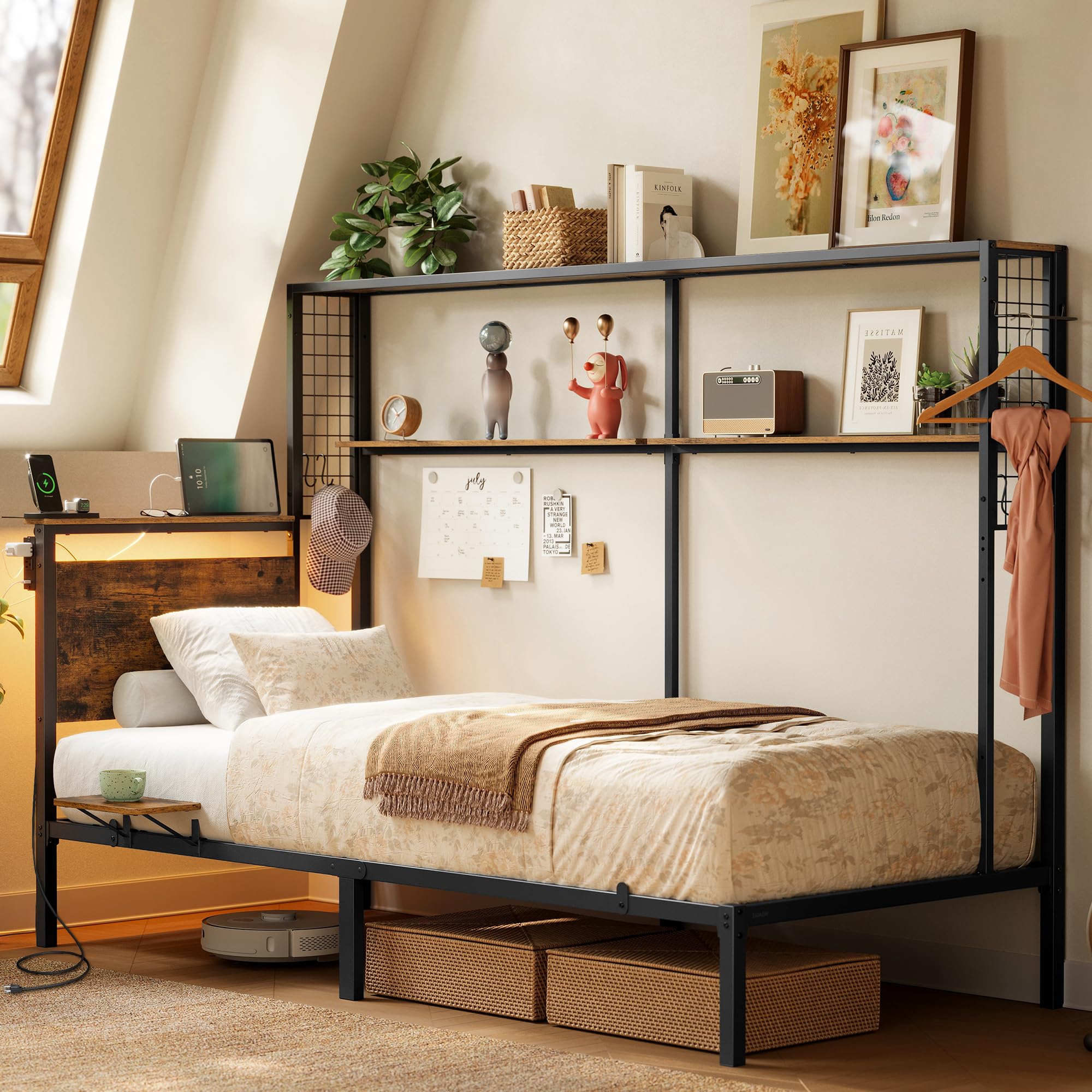 Twin Metal Bed Frame with LED Lights and Storage