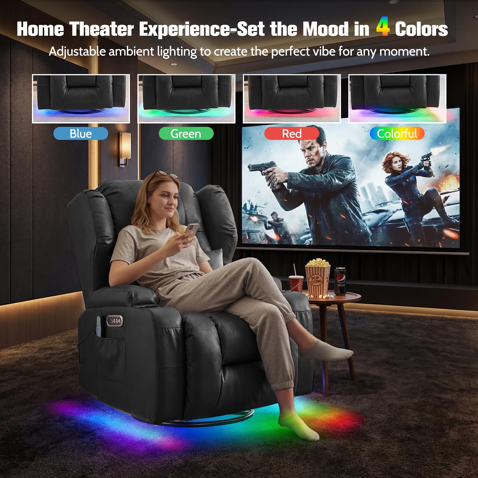 TCGBKAF Swivel Rocker Recliner,Power Recliner Chairs for Adults,240°Swivel Rocking Chair with Massage and Heat,Nursery Glider Recliner with Storage,Cup Holders for Living Room (PU Leather, Black)