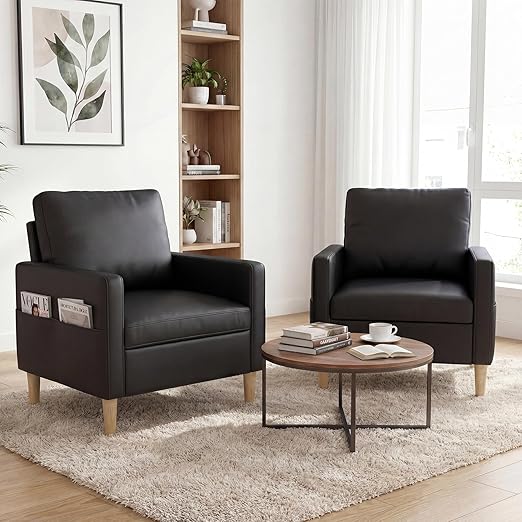 Mid Century Modern Leather Accent Chair Set of 2