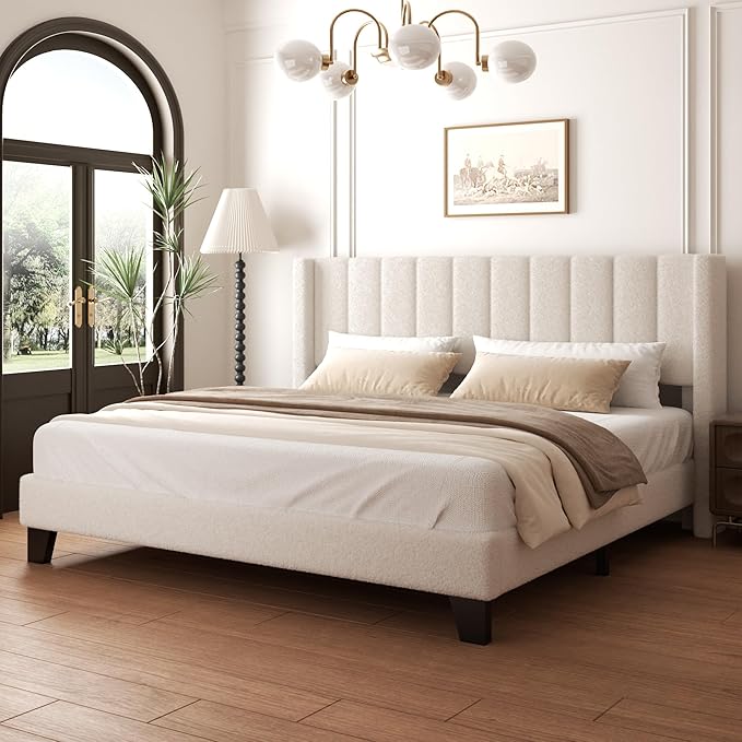Queen Upholstered Platform Bed Frame with Teddy Velvet Headboard