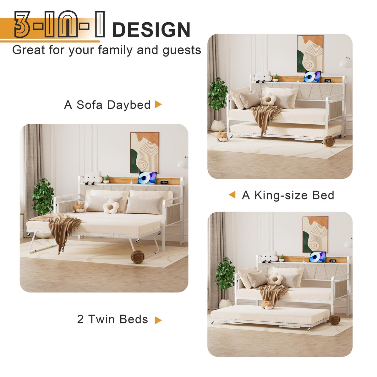 Twin Daybed with Trundle and Upholstered Headboard