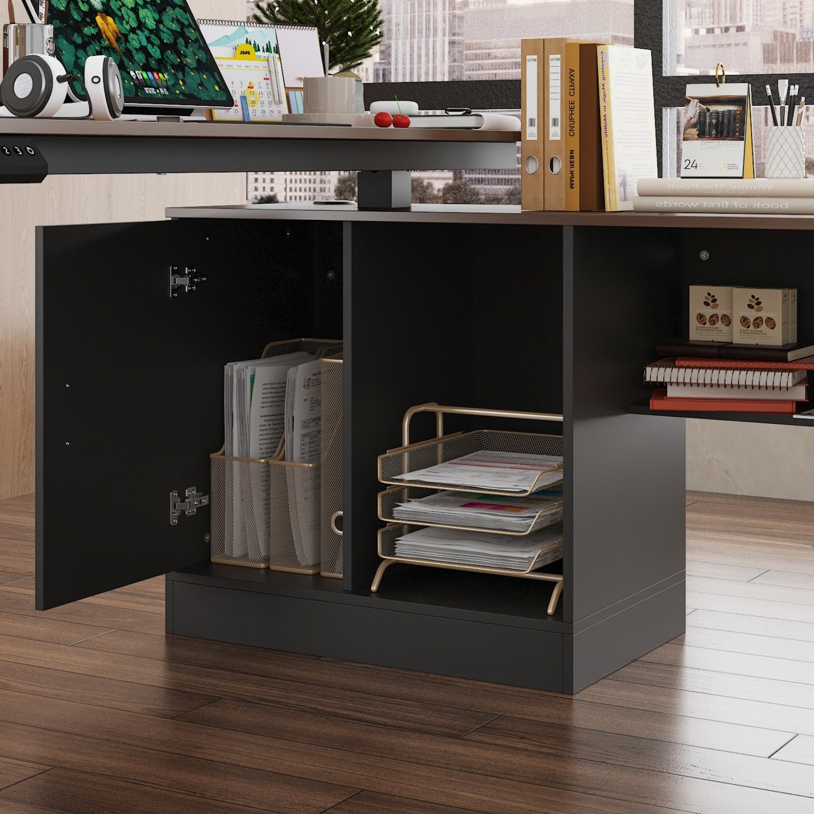 63-Inch L-Shaped Electric Standing Desk with Drawers and Shelves