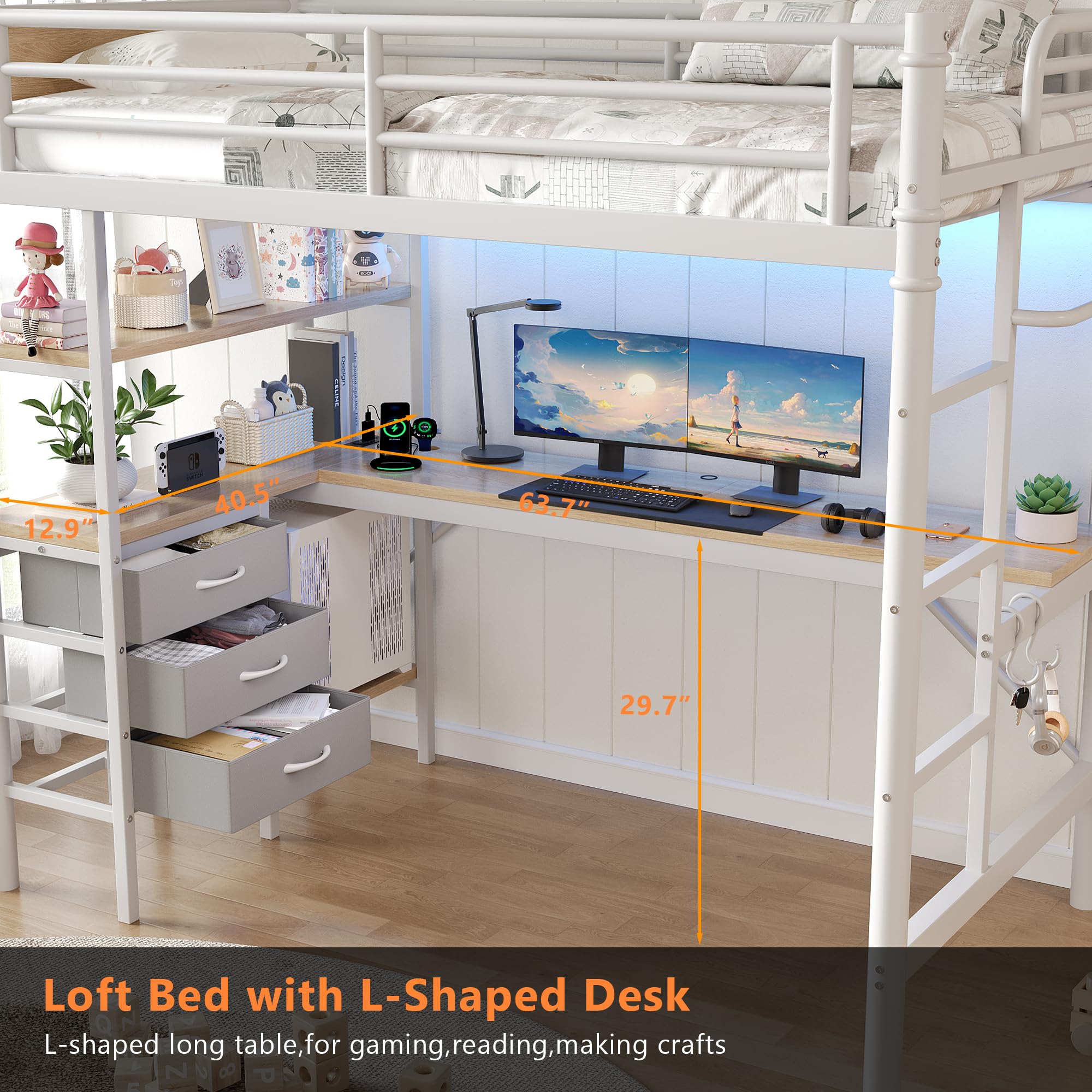 Twin Loft Bed with L-Shaped Desk and LED Lights